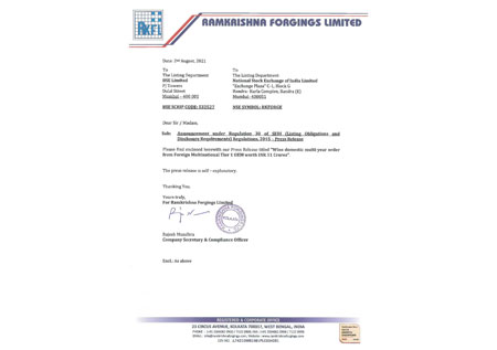 Wins domestic multi-year order from Foreign Multinational Tier 1 OEM worth INR 51 Crores